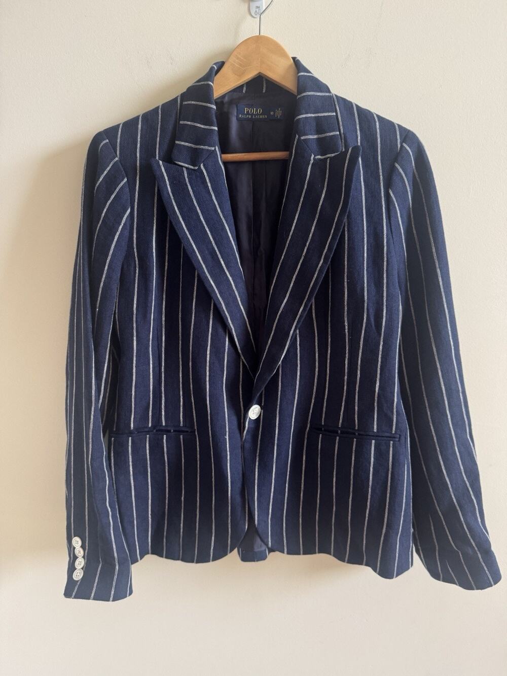 Polo Ralph Lauren Navy Pinstriped Linen Blazer Women's 10 Nautical Jacket Preppy